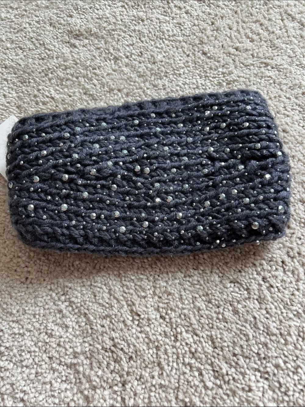 David and Young Charcoal Knit Headband Ear Warmer with Rhinestones and Buttons